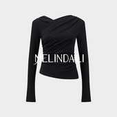 琴弦 早秋法式 MELINDA 设计感交叉围裹斜肩褶皱显瘦长袖 上衣