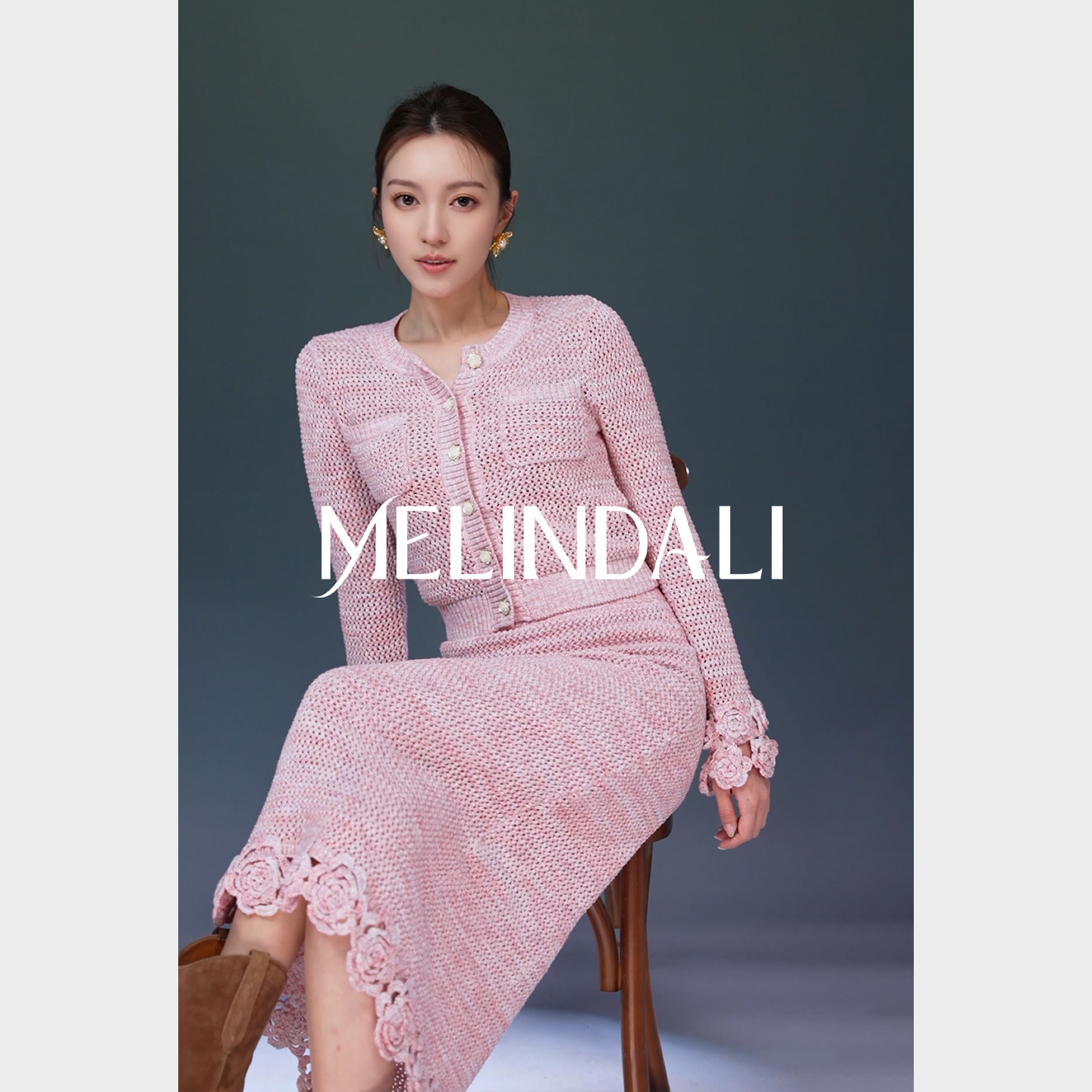 MELINDA LI【青青山茶】法式花纱手工钩花圆领针织开衫半裙连衣裙