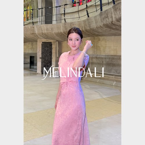 MELINDA LI【洛神赋】新中式人丝提花斜裁扭结收腰连肩袖连衣裙
