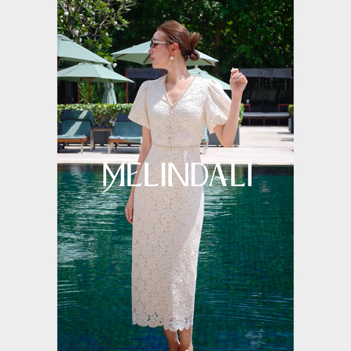 MELINDA LI【气定生香】珠片绳绣蕾丝钉珠链泡泡袖收腰连衣裙