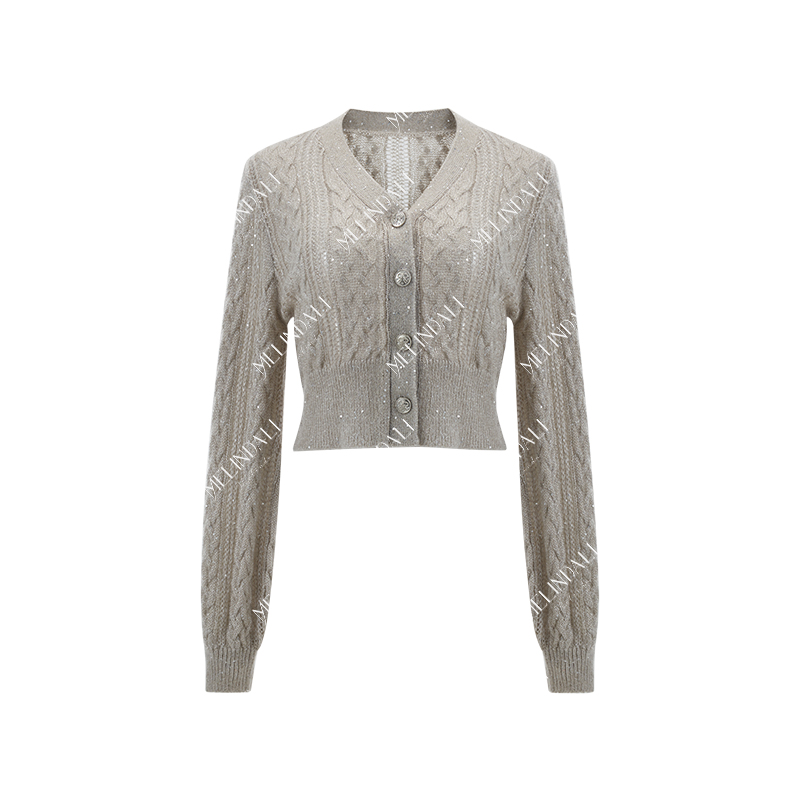 MELINDA LI【微光】法式轻奢马海毛绵羊毛珠片纱绞花修身针织开衫