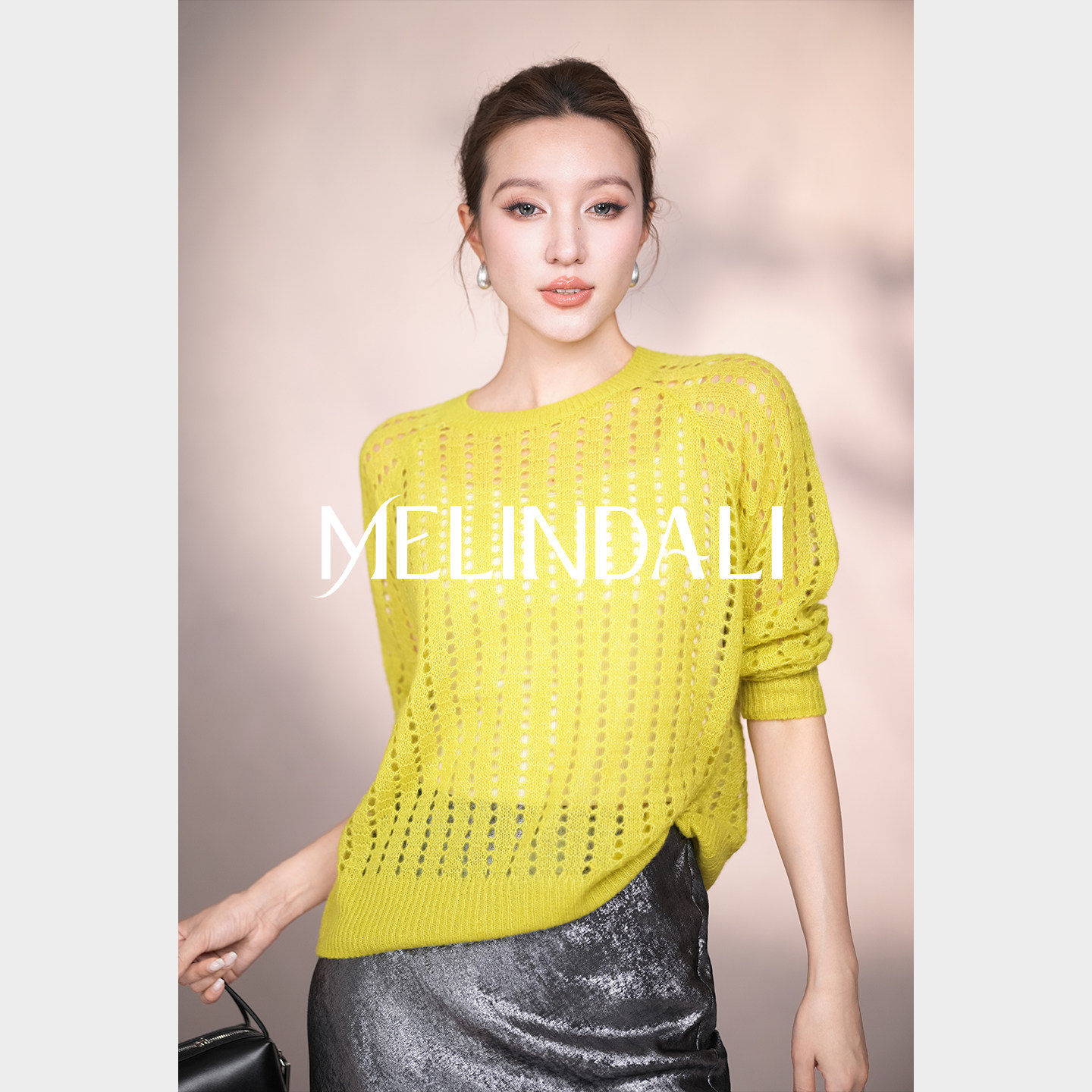 Melinda Li 【柠檬树下】软糯山羊绒桑蚕丝插肩袖镂空针织毛衣