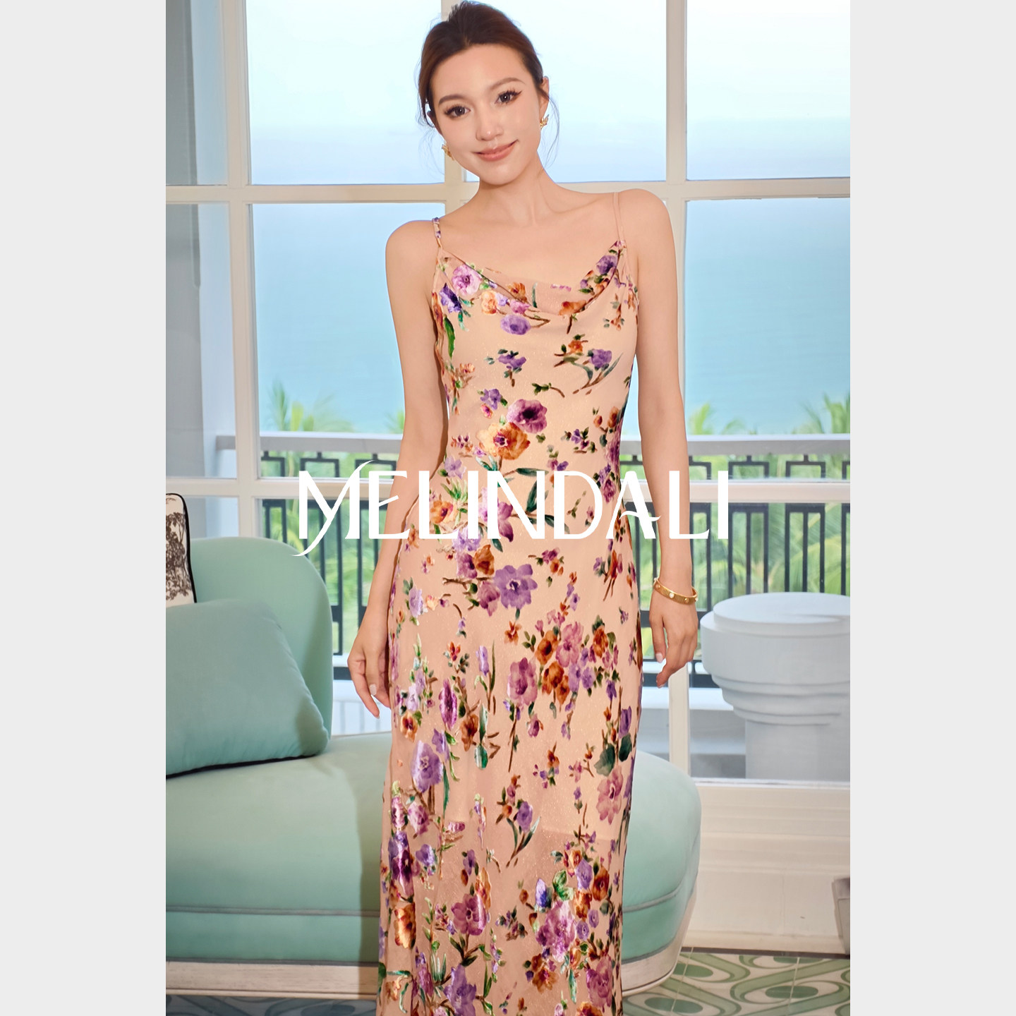 MELINDA LI【莫奈花境】金葱桑蚕丝丝绒烧花荡领斜裁吊带连衣裙