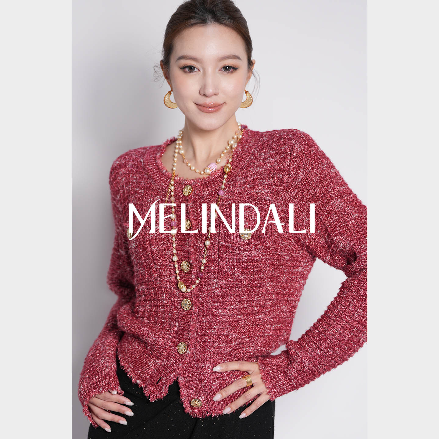 MELINDA LI【星夜红】千金莱赛尔银葱绵羊毛剪毛流苏小香针织外套