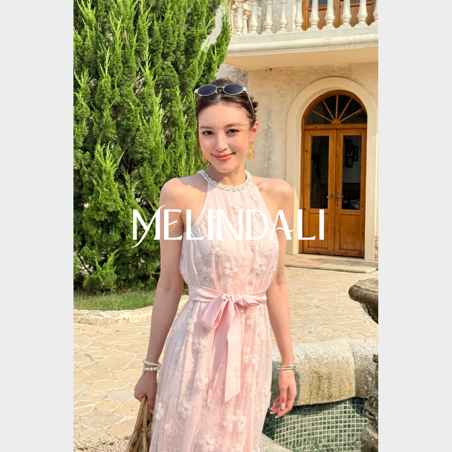 MELINDA LI【人面桃花】重工钉珠织带珠片网纱花绣挂脖腰带连衣裙
