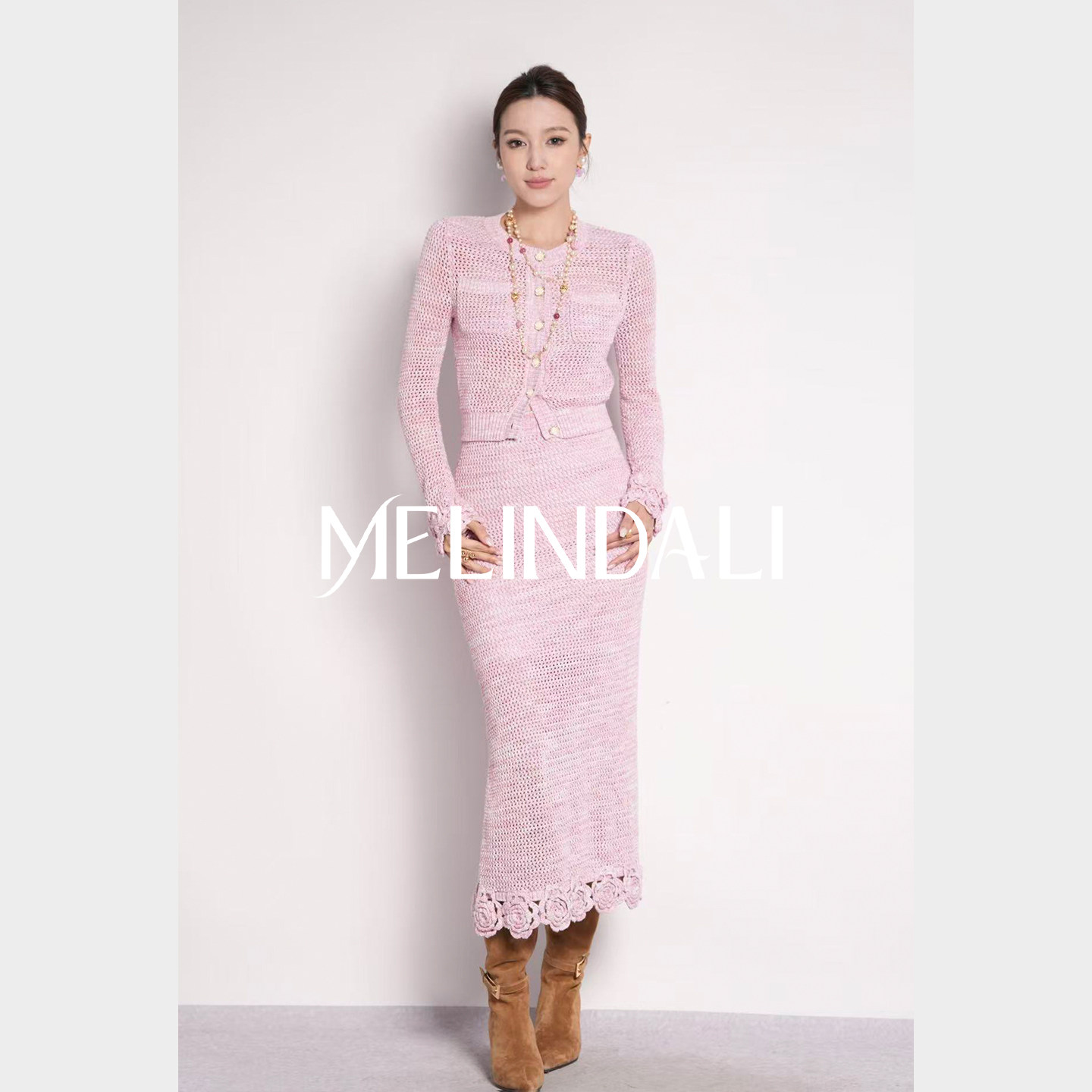 MELINDA LI【青青山茶】手工钩花法式花纱连衣裙针织吊带开衫半裙
