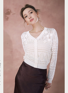 Melinda Li【纯白花嫁】早秋法式人丝金银丝立体钩花镂空针织毛衣