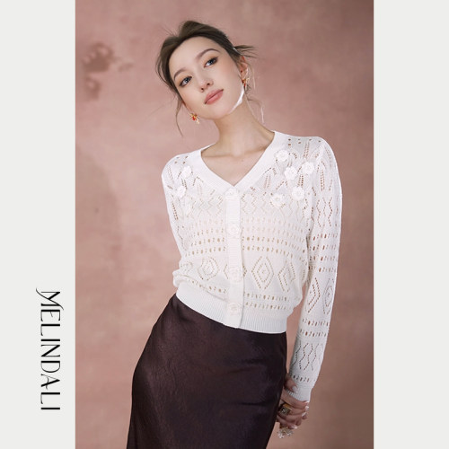 Melinda Li【纯白花嫁】早秋法式人丝金银丝立体钩花镂空针织毛衣