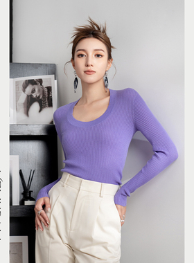 MELINDA LI清浅 扬子纱针织衫设计感U领毛衣显瘦高弹内搭打底衫女