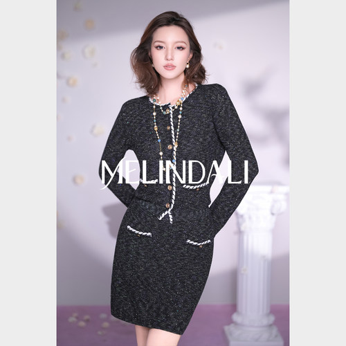 MELINDA LI【森林花呢】小香风手工织带珠片针织开衫半裙套