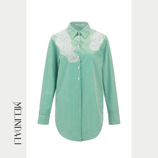 衬衫 盈盈夏日 饰收腰长袖 感高支棉竖条纹蕾丝贴花装 MELINDA
