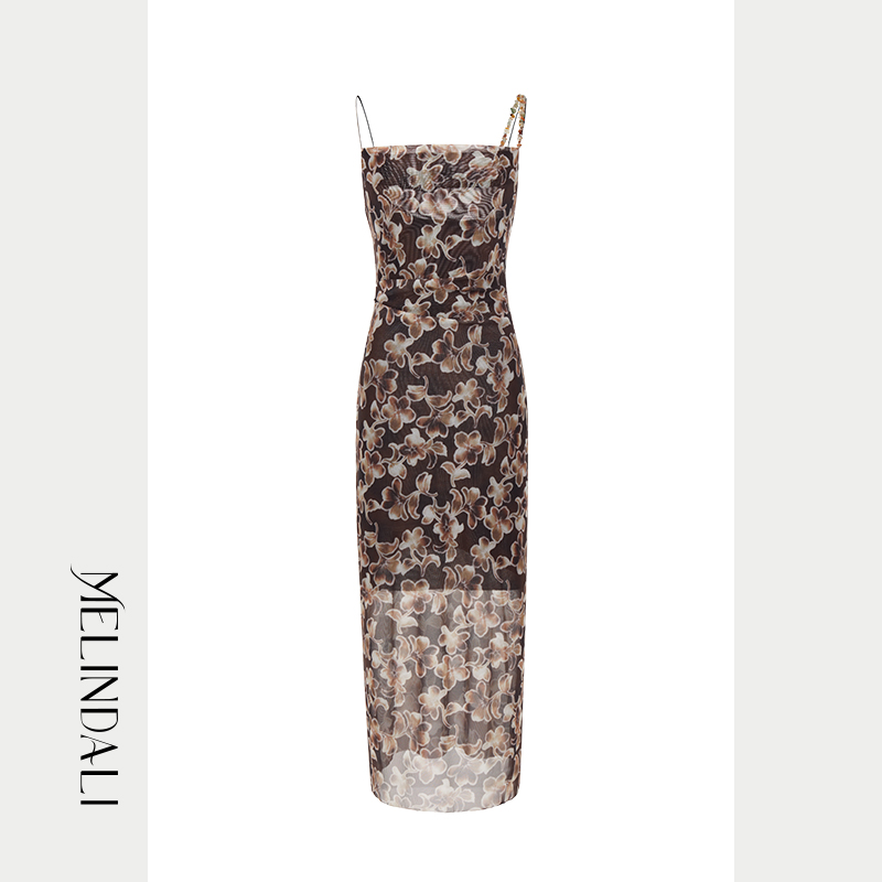 MELINDA LI【浓淡相宜】法式度假风网纱花卉印花抽褶弹力连衣裙