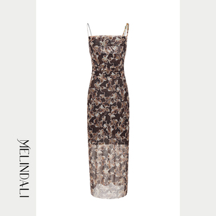 MELINDA LI【浓淡相宜】法式度假风网纱花卉印花抽褶弹力连衣裙