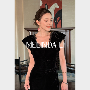 MELINDA 重磅100真絲絲絨睫毛蕾絲抽褶收腰連衣裙 古董美人