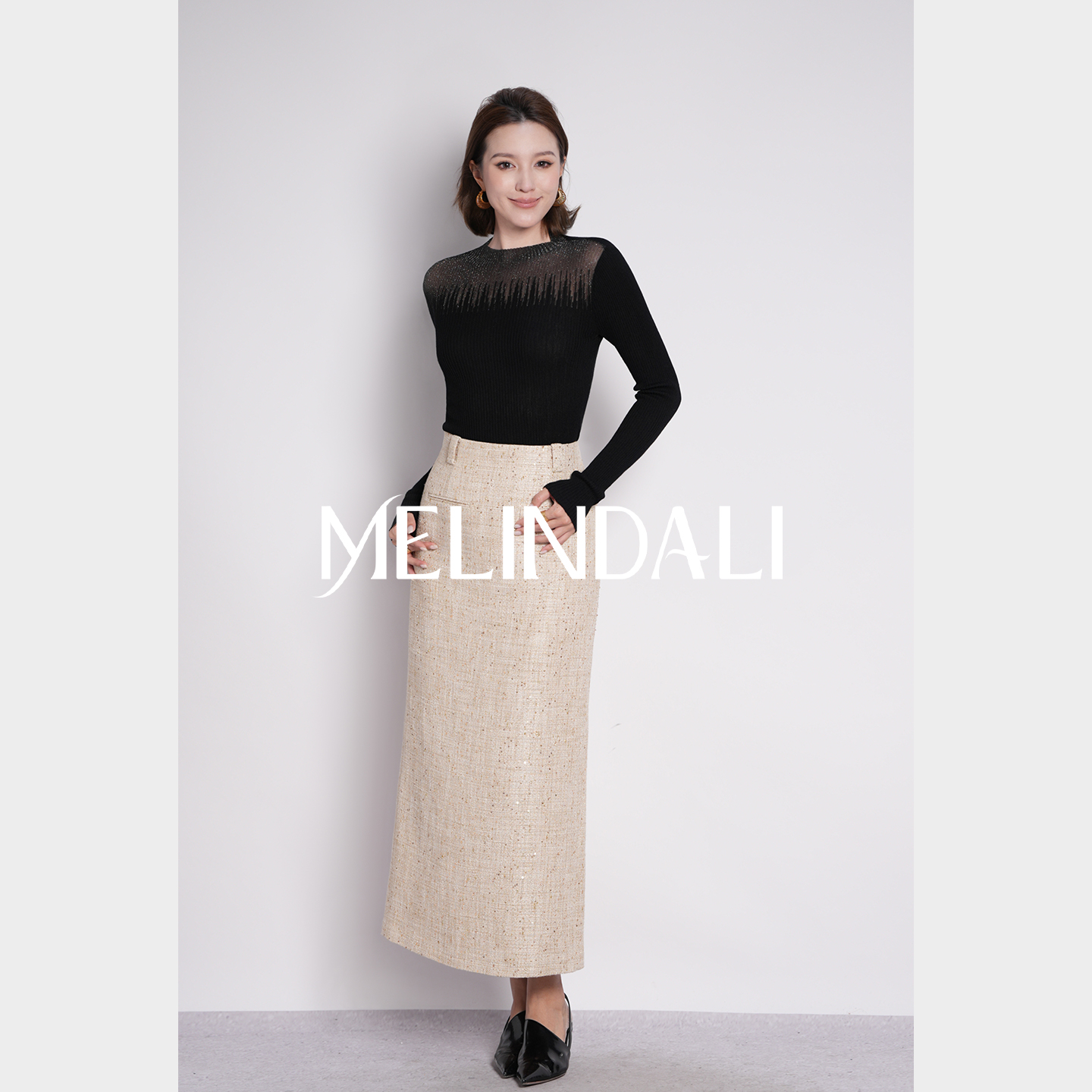 MELINDA LI【流光日常】梦颖私服亚麻棉金银丝亮片粗花呢马夹半裙