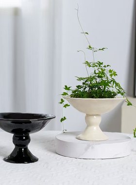 欧式高脚茶席插花陶瓷花盆白色高足禅意浴室苔鲜球盆景蕨类花盘