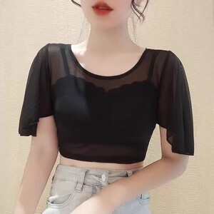夏薄款防晒纱衣吊带裙内搭打底衫女美背修身显瘦黑色短袖半截沙衣