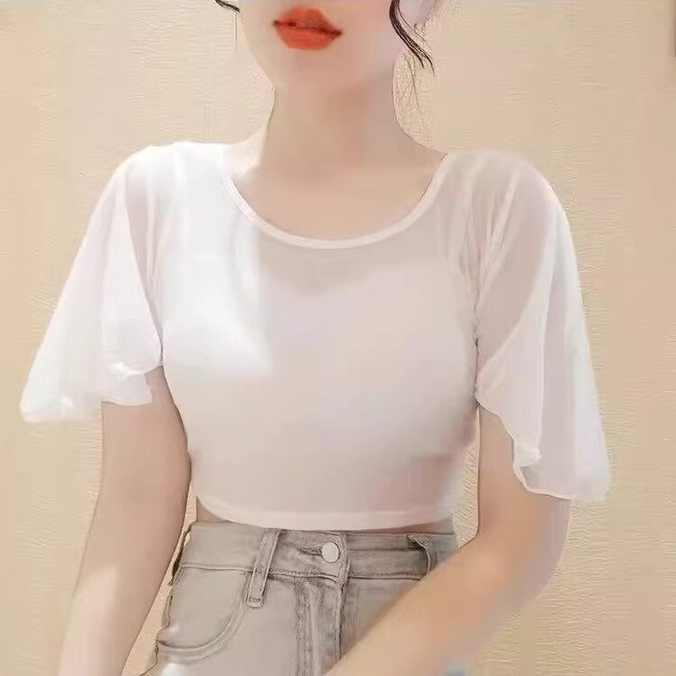 夏薄款防晒纱衣吊带裙内搭打底衫女美背修身显瘦黑色短袖半截沙衣