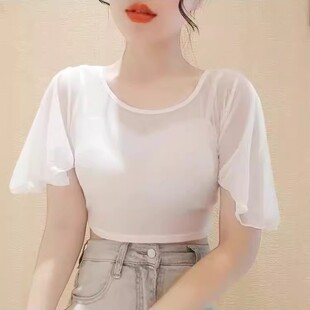 夏薄款防晒纱衣吊带裙内搭打底衫女美背修身显瘦黑色短袖半截沙衣