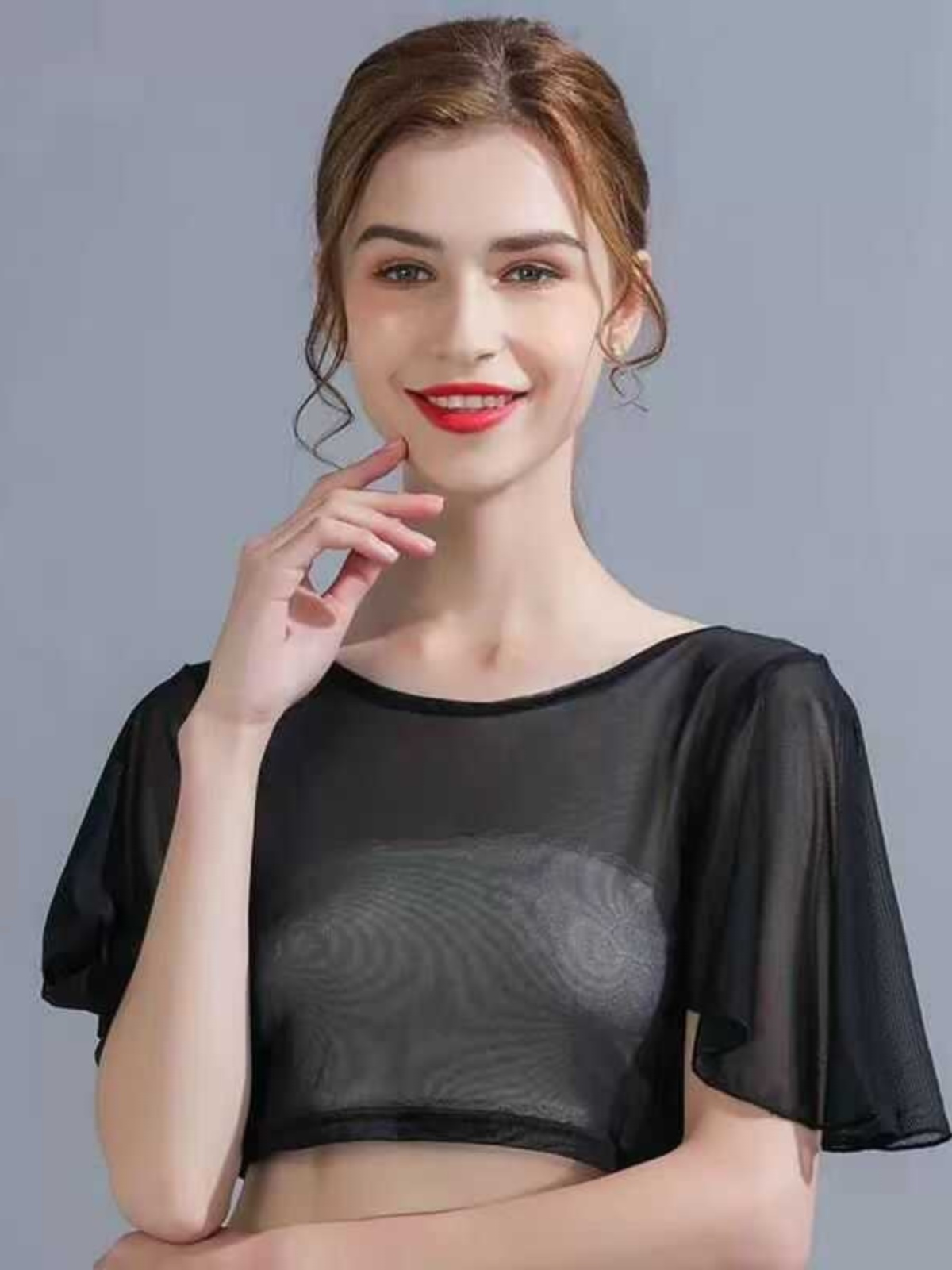 2024春夏季新款女士超薄透视冰丝网纱圆领半截蝙飞飞短袖罩衫上衣
