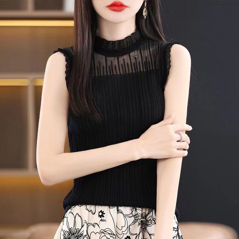 2026新款秋冬高档蕾丝针织背心半高领网纱打底衫内搭修身无袖上衣