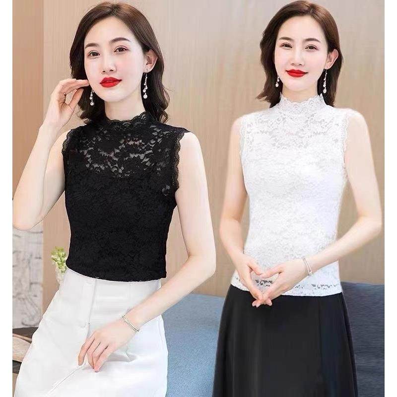 蕾丝花边打底衫女春秋新款假领子半高领百搭无袖背心立领打底内搭