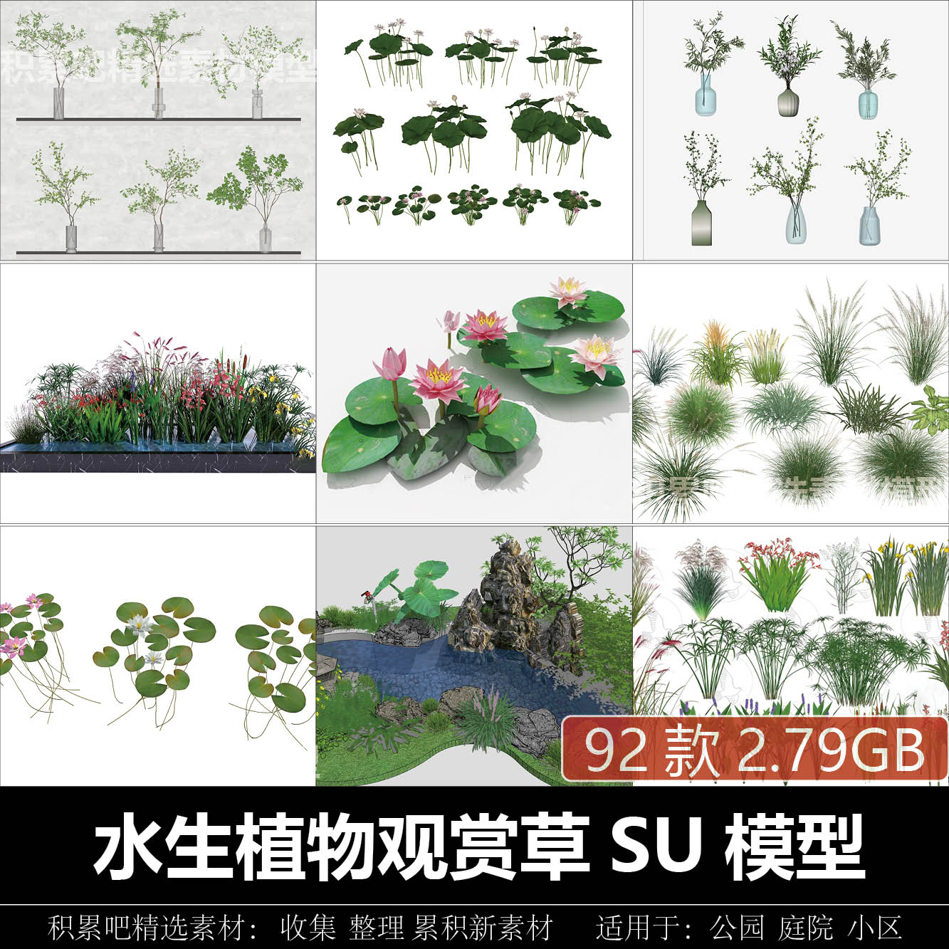 观赏草水生植物生态湿地鱼池滨水公园池塘睡莲荷花荷草本su模型集图片
