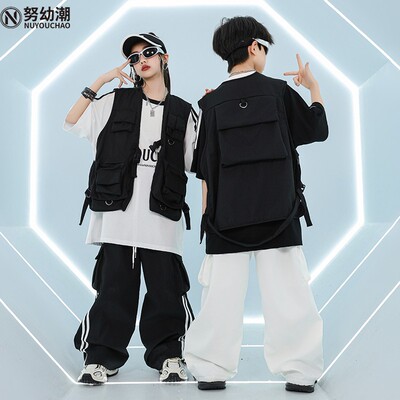 街舞儿童潮服架子鼓hiphop表演服男女童酷帅战术工装马甲嘻哈套装