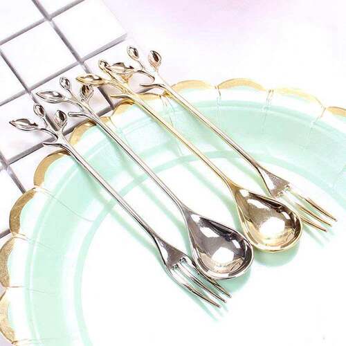 Fork Spoon Appetizer Tableware Dessert Gold-Leaf And 4 2 4-P