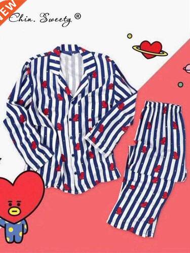 Print Women's Striped Cartoon Cute Pajamas Set Top S