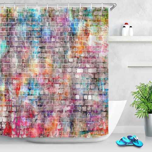 Graffiti Grunge rban Brick Art Wall Extra Long Shower Curtai
