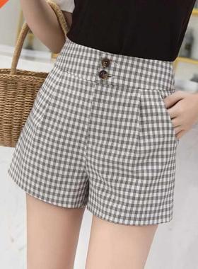 British style high waist plaid wide leg shorts female studen