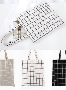 Women Shopper Bag Plaid Cotton Canvas Shopping Shoulder Bag