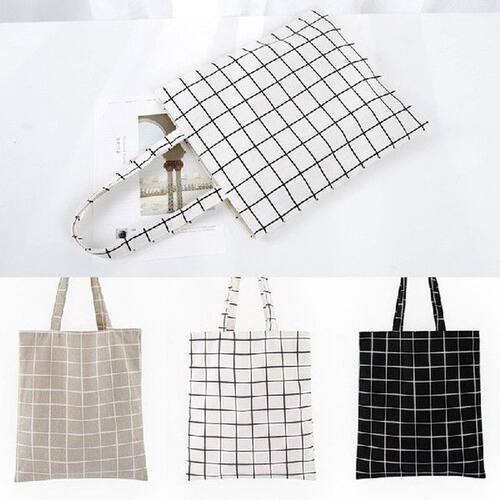 Women Shopper Bag Plaid Cotton Canvas Shopping Shoulder Bag