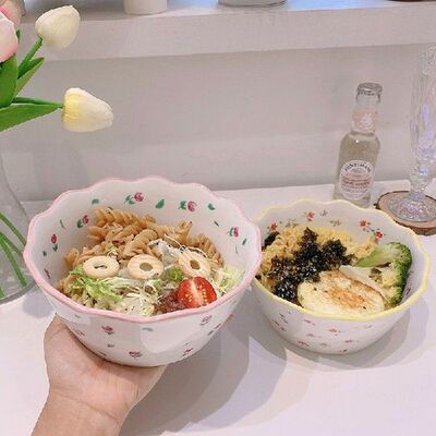 Pastoral retro lace ceramic bowl student instant noodle