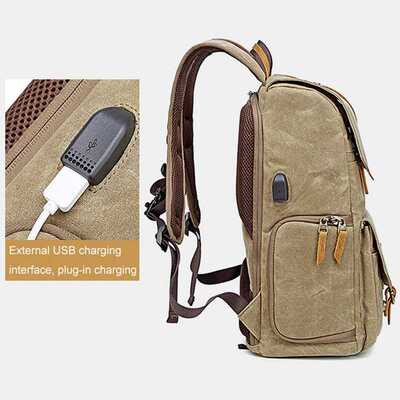 Photography Retro Waterproof Batik Canvas backpack w USB Por