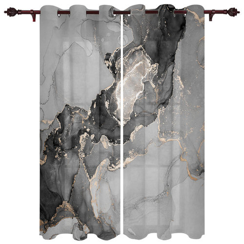 Marble Texture Ink Black And White Window Curtains for