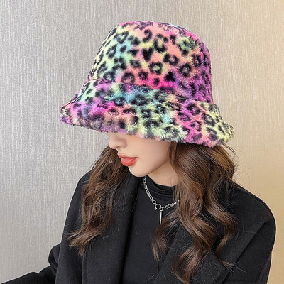 Winter Leopard Print Faux Fur Plush Bucket Hats For Women