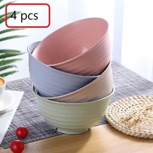 4 Buah Set Alat Makan Mangkuk Sereal Plastik Jerami Gandum