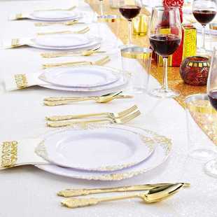 60 Pcs White and Gold Plastic Plates and Gold Plastic Silve