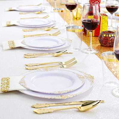 60 Pcs White and Gold Plastic Plates and Gold Plastic Silve