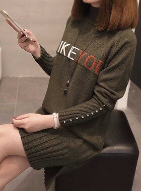 Autumn Winter Long Knit Sweater Pullover Women Half Turtlene