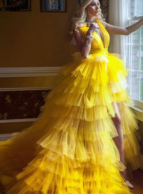 Smileven Princess Prom Gowns High Low Tiered Puff Tulle Long