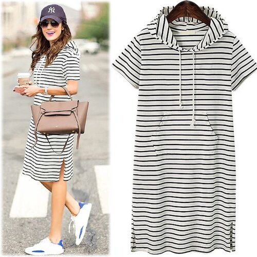 Wind fat big yards stripe hooded sweater dress