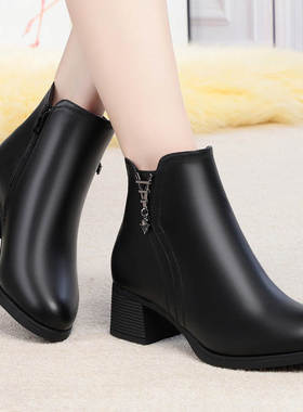 妈妈棉鞋女秋冬季鞋子中年粗跟2022新款加绒短靴中跟皮鞋百搭女鞋