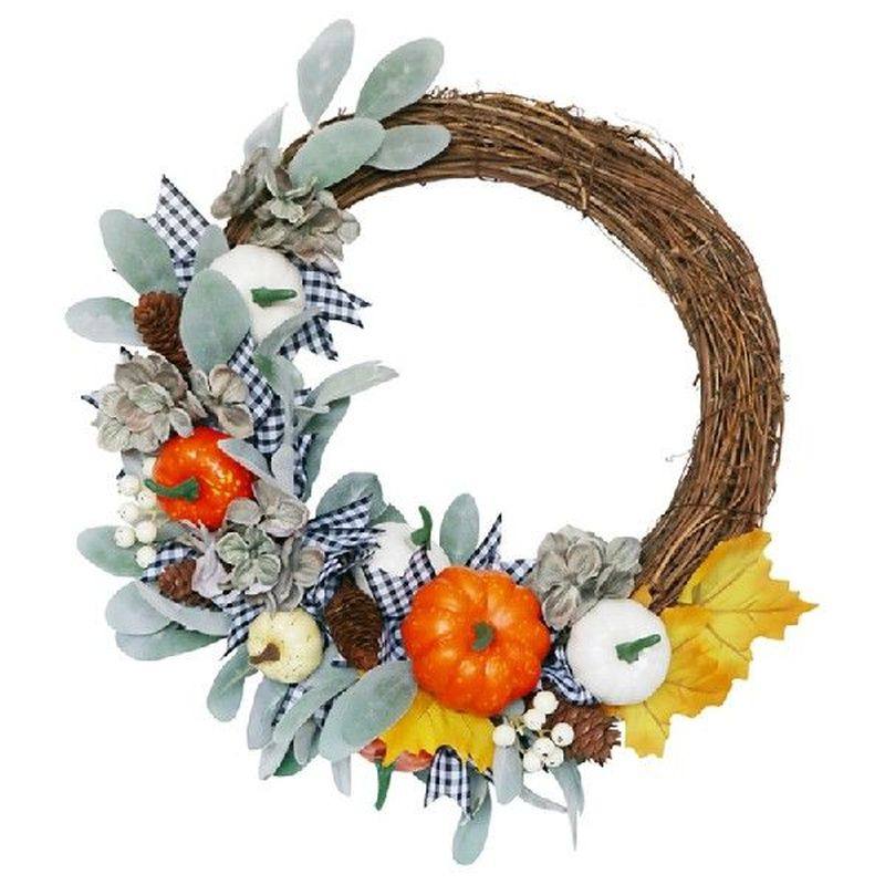 artificial fall wreath, autumn wreath with leaves pumpkin