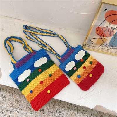 Thailand Rainbow Canvas Messenger Bag Wool Knitting Tote Ba