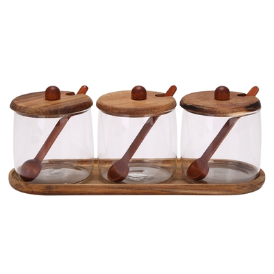1Pc Spice Jars Container Set Wooden Lid Airtight Glass Jar
