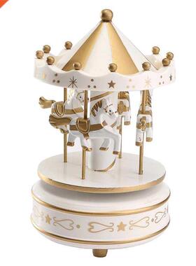 Wind Up Wooden Horse Roundabout Carousel Musical Box Kid Bir