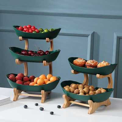 2/3 Tiers Plastic Fruit Plates With Wood Holder Oval Serving